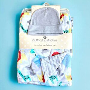 Baby Blanket Zoo Safari Animals + Matching Newborn Hat Soft Reversible 30x40 New